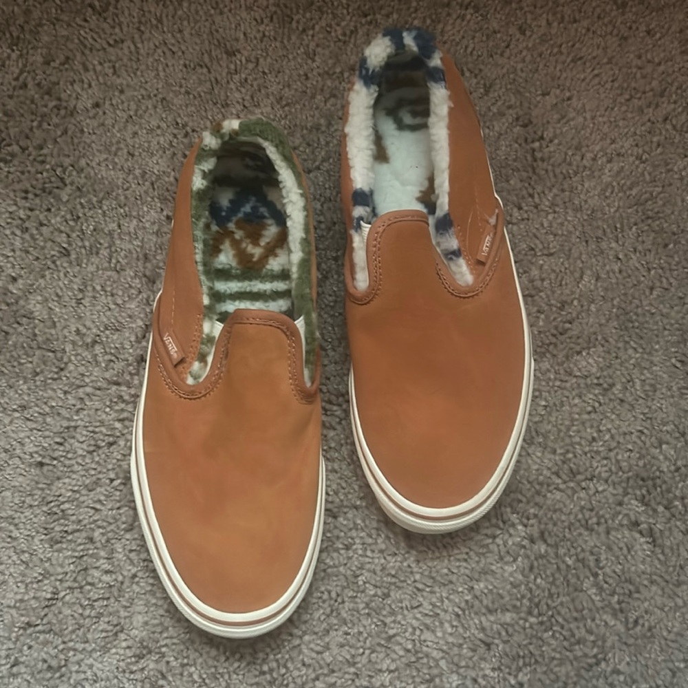 faux fur burnt orange slip-on vans!